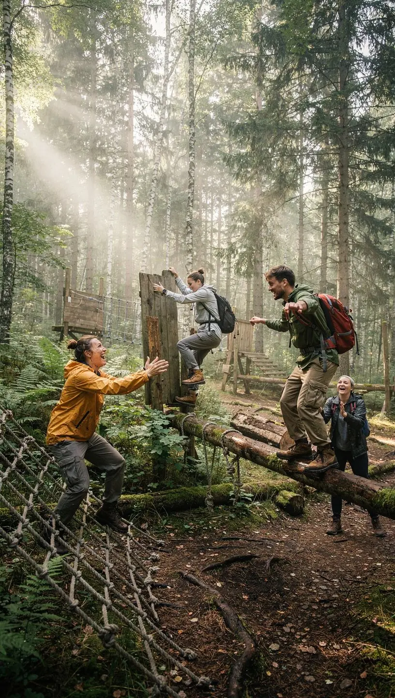 Grupitöö praktika varjupaiga ehitamisel tihedas metsas.